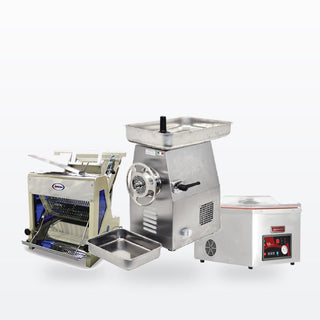 Food preparation equipment: meat grinder, bread slicer and vacuum packer