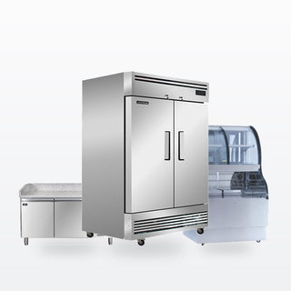 Commercial refrigeration: reach-in fridge, pizza prep table and merchandiser