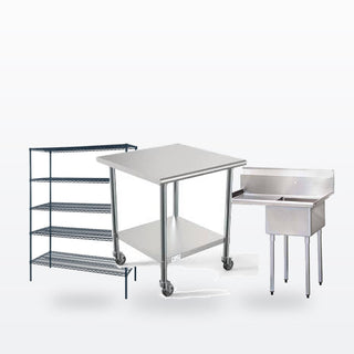 Stainless steel and storage: work table, shelving and sink
