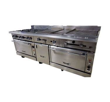 Vulcan VC0136-500 Custom Range: 6 Burners / 15-in Griddle / 12-in Hotplate / 24-in Char / Double Oven