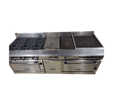 Vulcan VC0136-500 Custom Range: 6 Burners / 15-in Griddle / 12-in Hotplate / 24-in Char / Double Oven