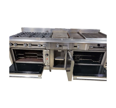 Vulcan VC0136-500 Custom Range: 6 Burners / 15-in Griddle / 12-in Hotplate / 24-in Char / Double Oven