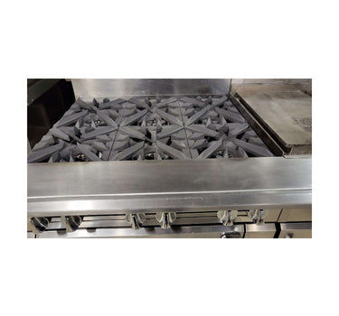 Vulcan VC0136-500 Custom Range: 6 Burners / 15-in Griddle / 12-in Hotplate / 24-in Char / Double Oven