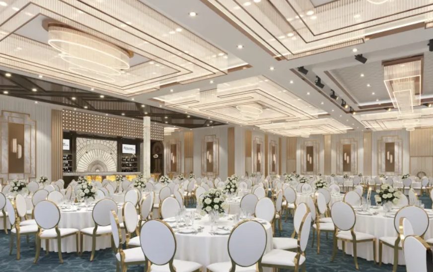 The main ballroom at Reflection Banquet Hall, set for a full-capacity event.